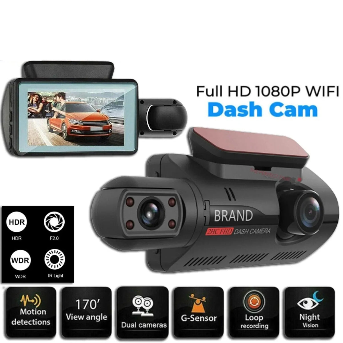 Dash cam with 1080p full HD WiFi, dual cameras, front-facing display, night vision, motion detection, 170° view angle.