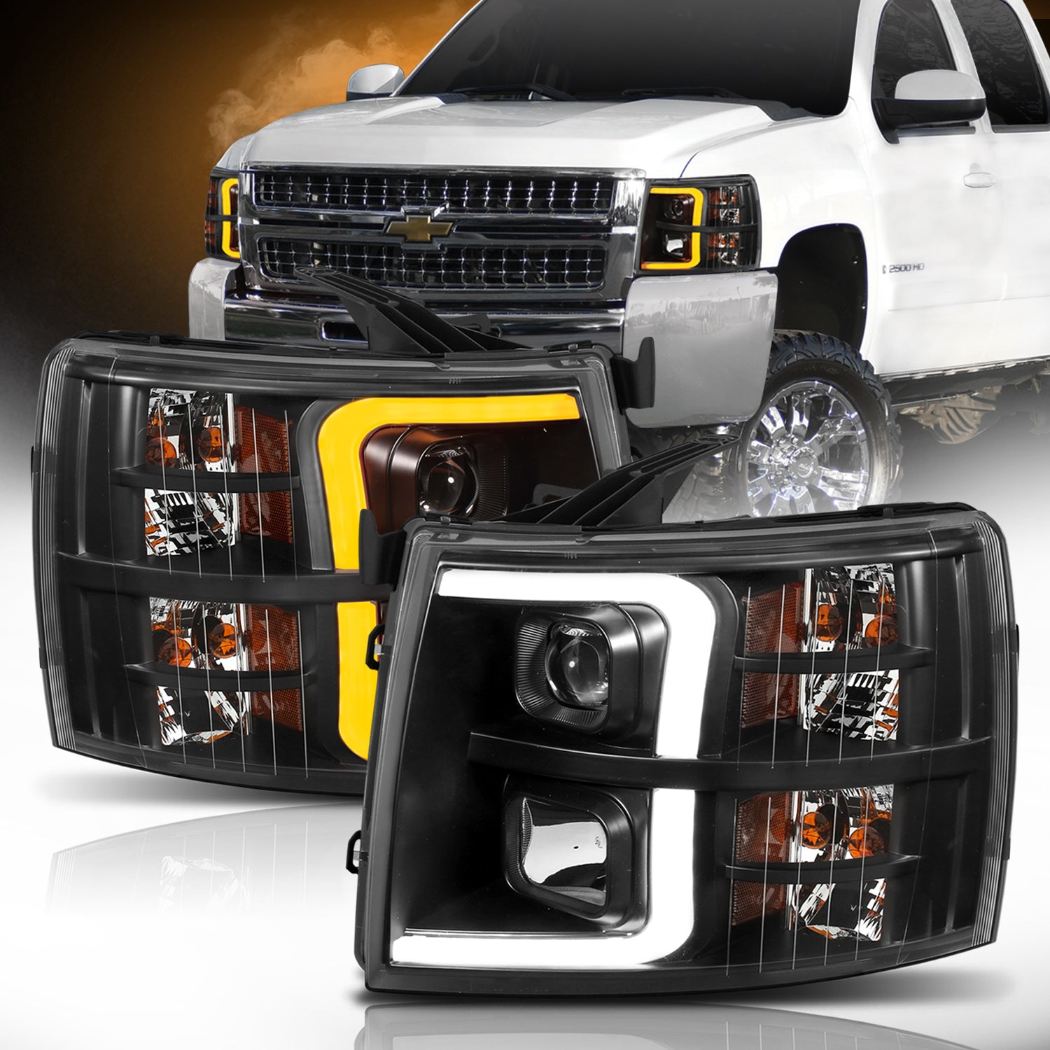 Projector Headlights w/ Plank Style Switchback Black w/ Amber by ANZO USA