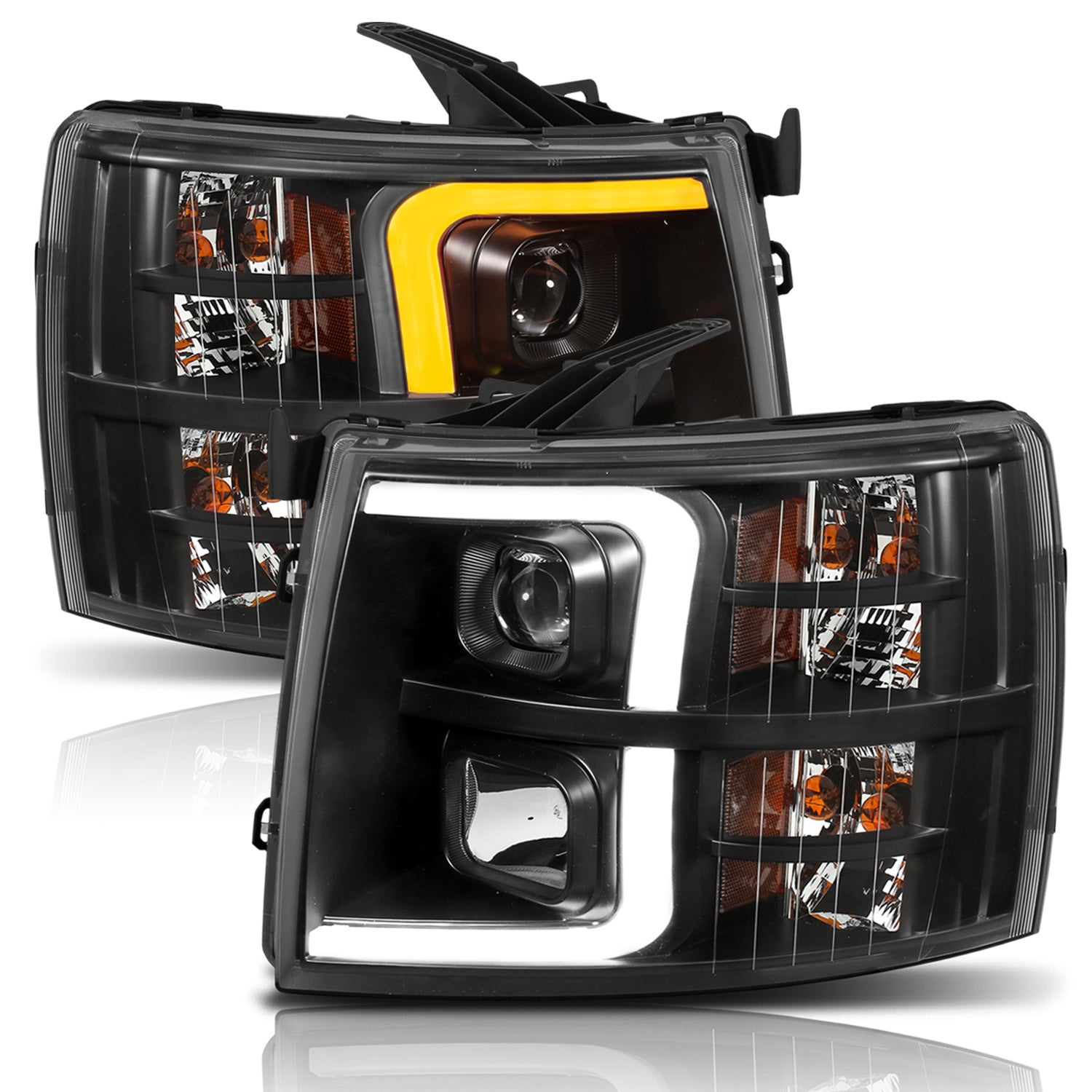 Projector Headlights w/ Plank Style Switchback Black w/ Amber by ANZO USA