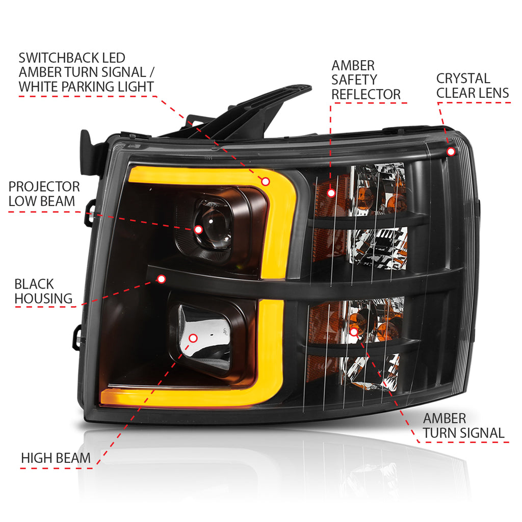 Projector Headlights w/ Plank Style Switchback Black w/ Amber by ANZO USA