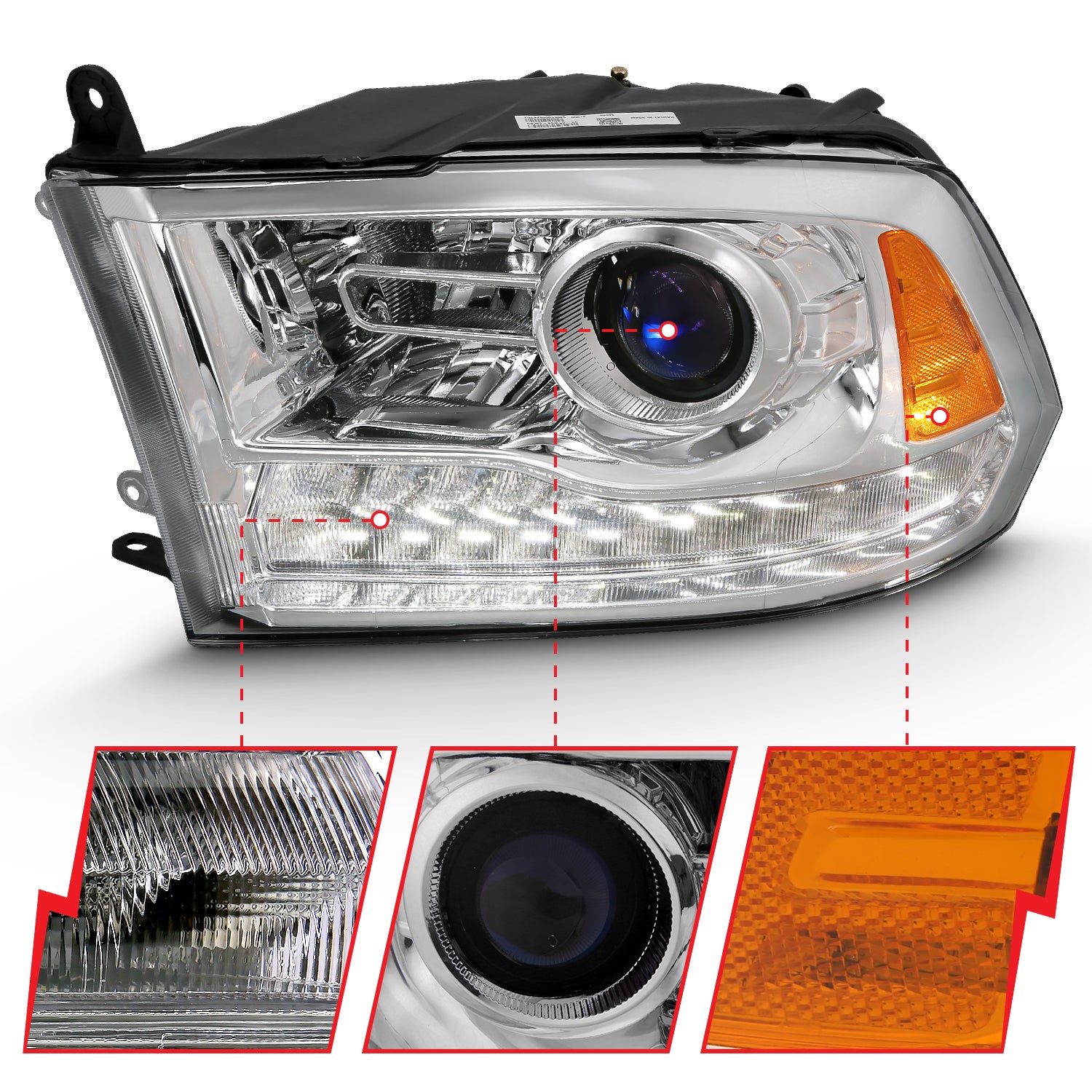 PROJECTOR PLANK STYLE SWITCHBACK H.L HALO CHROME AMBER (OE STYLE) by ANZO USA