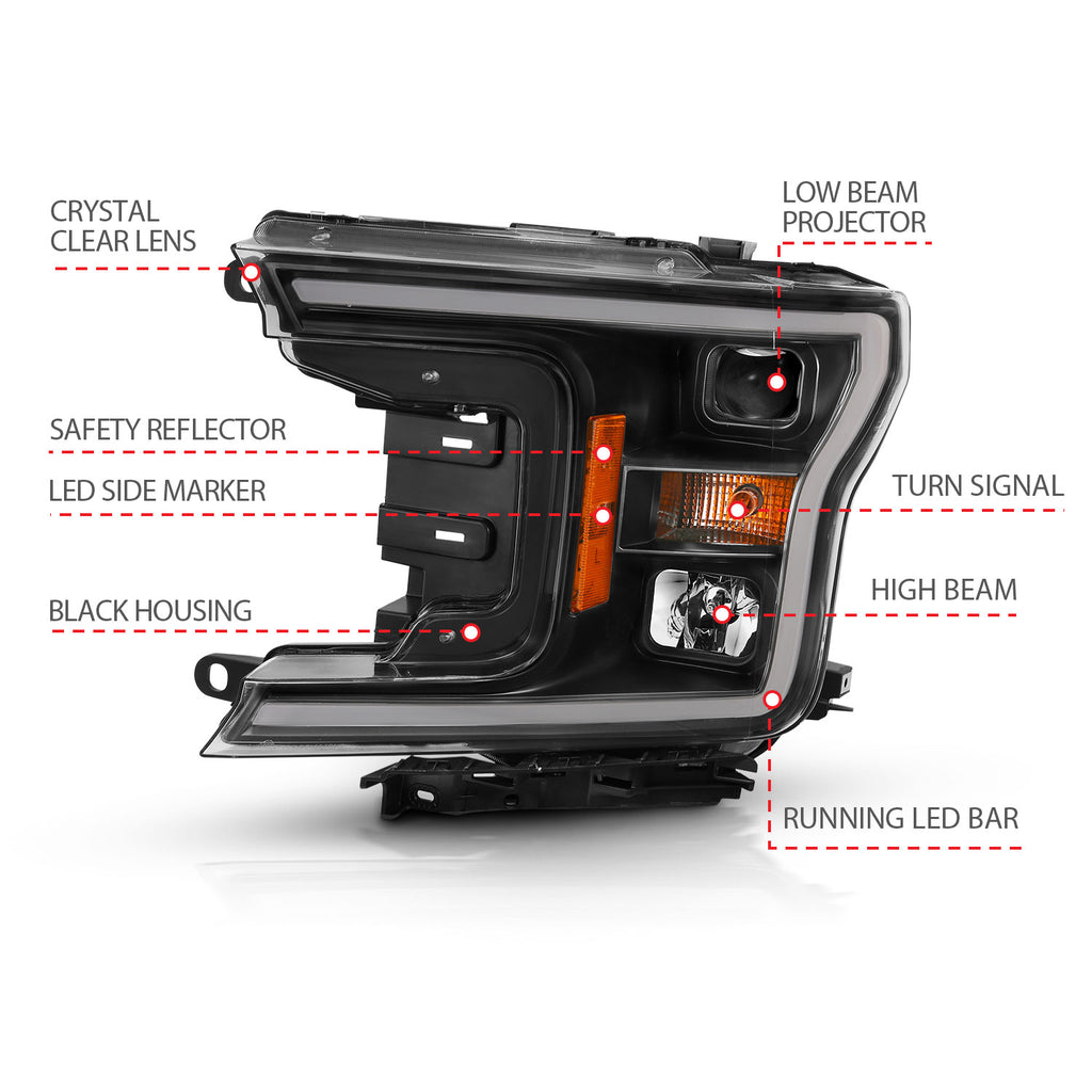Projector Plank Style Headlight Black Amber (Without Switchback) by ANZO USA
