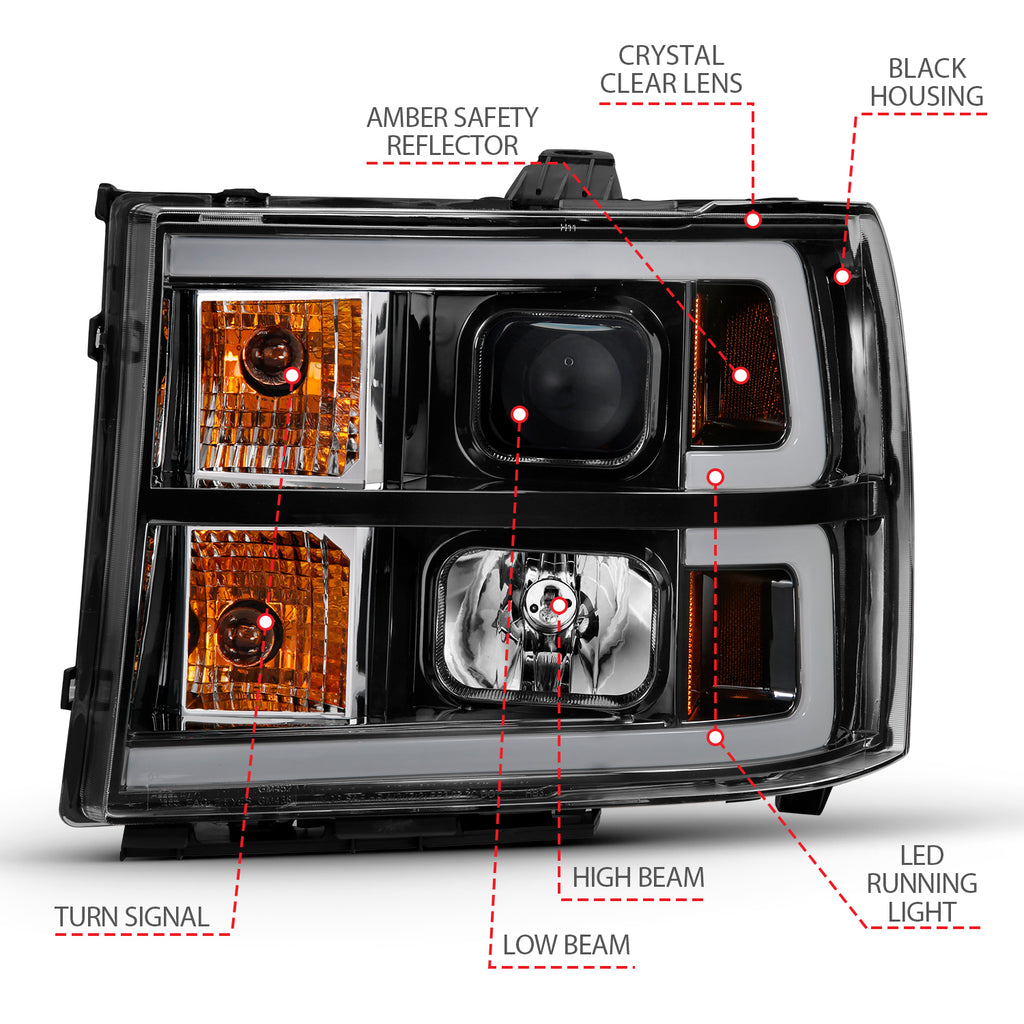 PROJECTOR HEADLIGHT PLANK STYLE BLACK W/ CLEAR LENS AMBER by ANZO USA