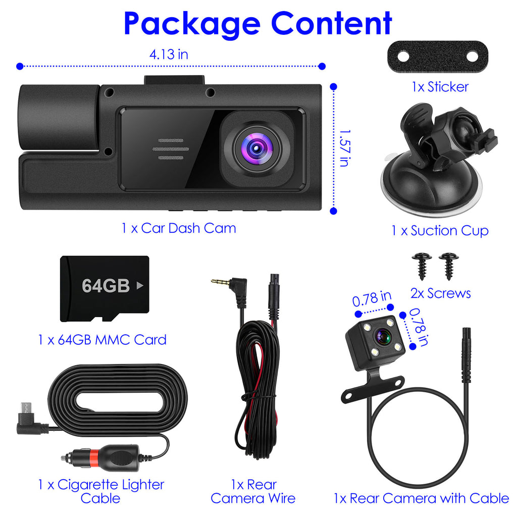 WiFi FHD 1080P Car Dash Cam 3 Channels Front Rear Inside Dash Camera With Loop Recording Reversing Visual 170 Degree Wide Angle 64G Card Included by Nino Auto Repair