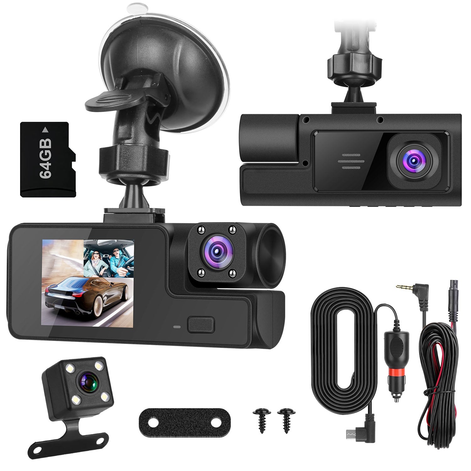 WiFi FHD 1080P Car Dash Cam 3 Channels Front Rear Inside Dash Camera With Loop Recording Reversing Visual 170 Degree Wide Angle 64G Card Included by Nino Auto Repair