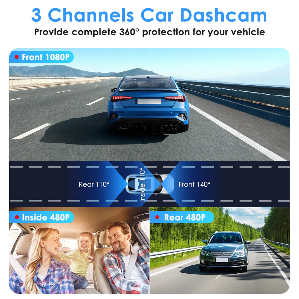 WiFi FHD 1080P 3 Channel Car Dash Cam Front Rear Inside With 32G MMC Card Motion Detection by Nino Auto Repair