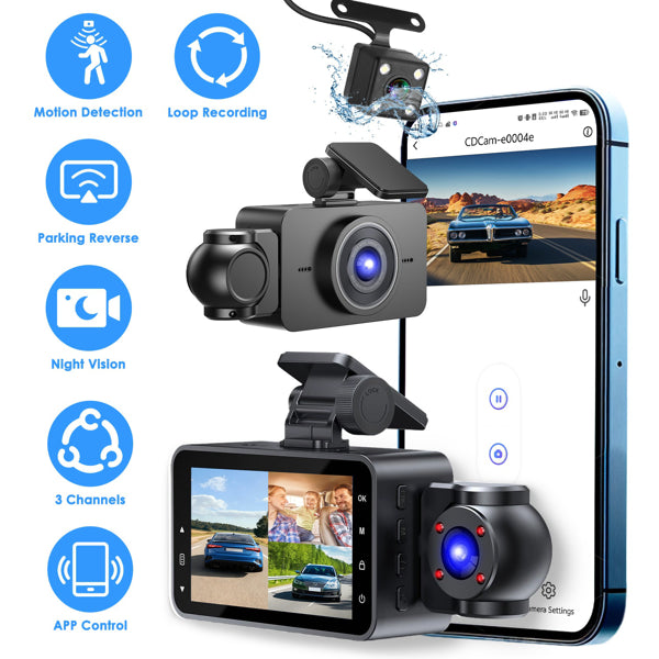 3 Channel Dash Cam For Cars, 1080P Full HD Front Camera (140° Wide View) With 480P Interior & Rear Cameras, 360° Vehicle Protection, Picture-in-Picture Display For Collision Evidence by Nino Auto Repair