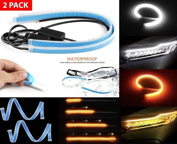 2x60cm Slim Amber Sequential Flexible LED DRL Turn Signal Strip For Headlights With 156 LEDs White To Yellow by Nino Auto Repair