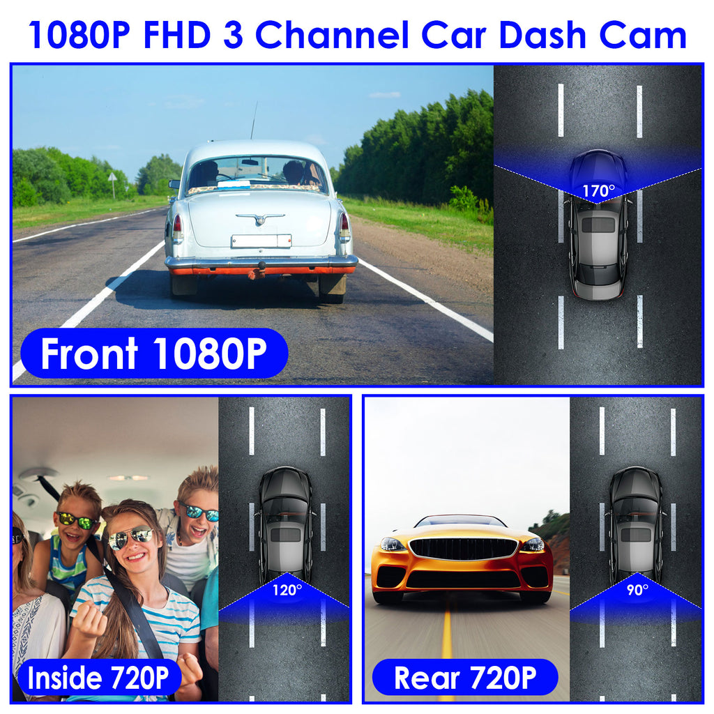 WiFi FHD 1080P Car Dash Cam 3 Channels Front Rear Inside Dash Camera With Loop Recording Reversing Visual 170 Degree Wide Angle 64G Card Included by Nino Auto Repair