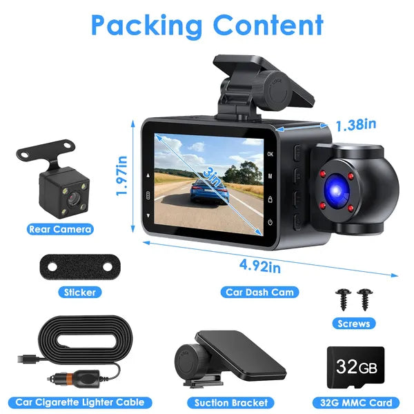 WiFi FHD 1080P 3 Channel Car Dash Cam Front Rear Inside With 32G MMC Card Motion Detection Loop Recording Infrared Night Vision Surveillance Car Camera With App Control by Nino Auto Repair