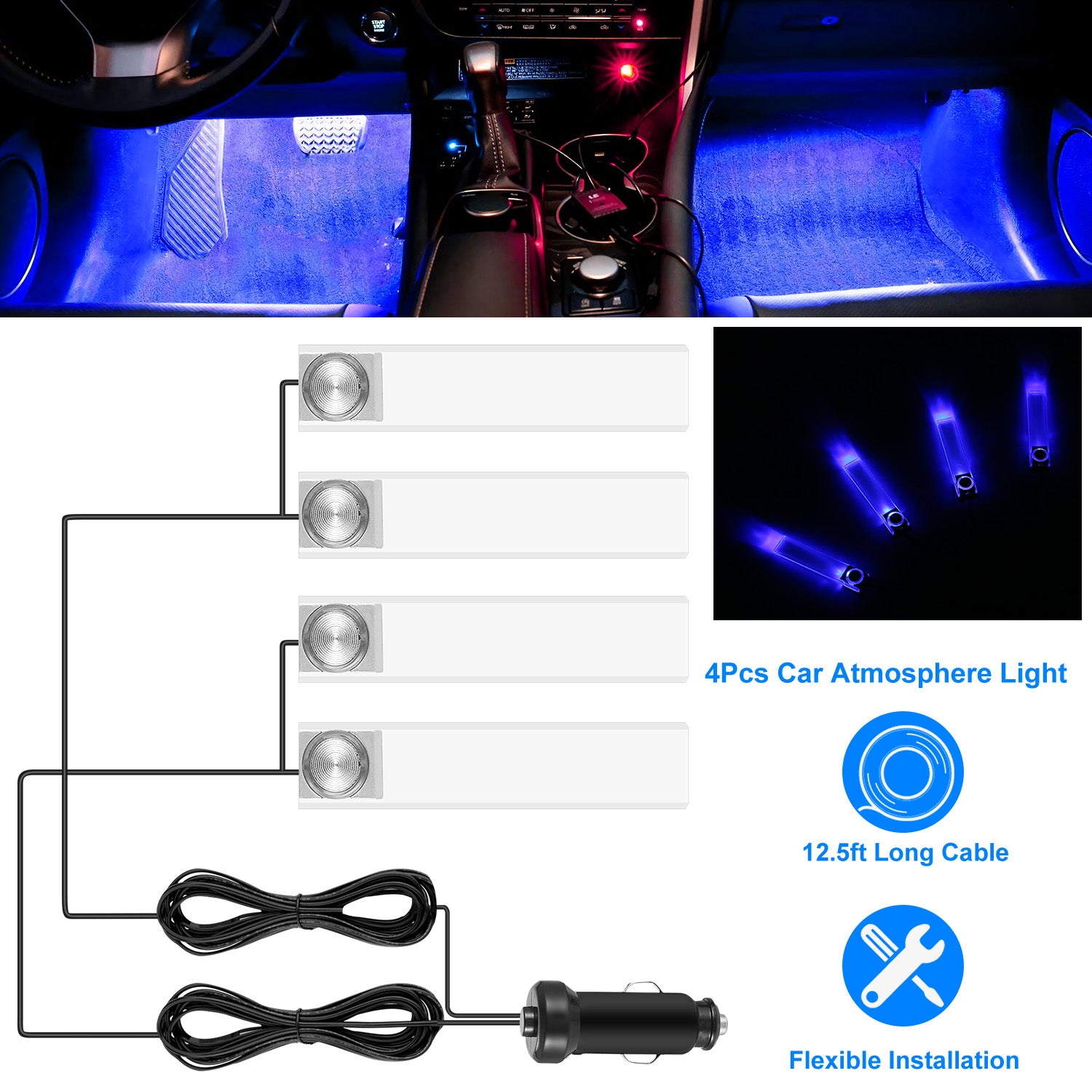 Four Piece Car Interior LED Atmosphere Light Decorative Lamp DC 12V Blue Glow For Vehicle Interior Ambience And Style by Nino Auto Repair