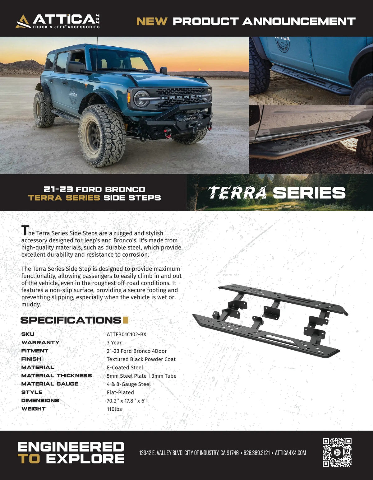 2021-2024 Ford Bronco 4-Door Terra Series Rock Sliders by Attica 4x4