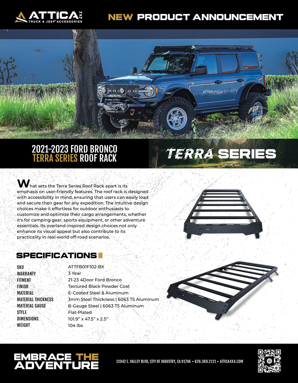 2021-2024 Ford Bronco Terra Series Full Length Roof Rack Platform by Attica 4x4