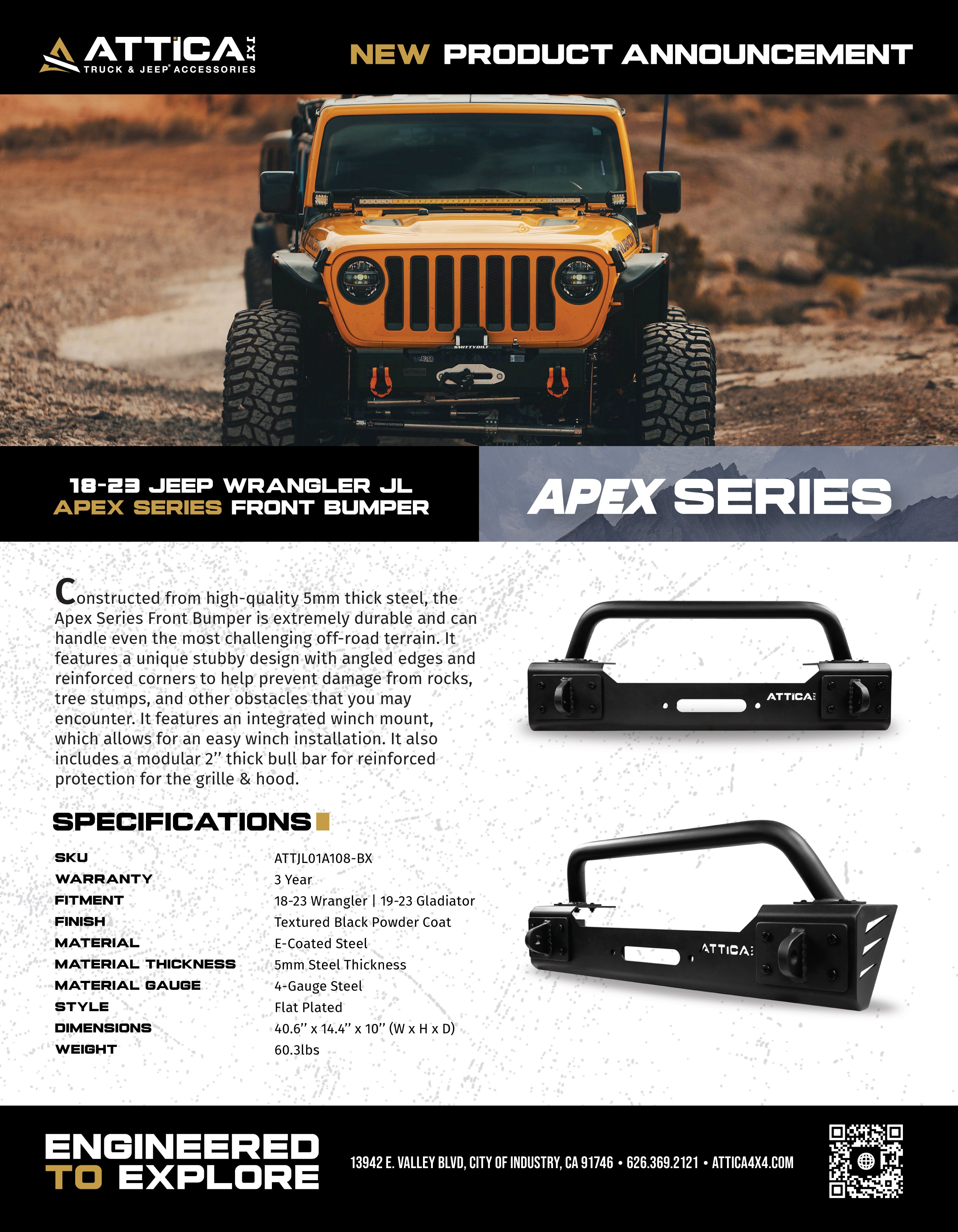 2018-2024 Jeep Wrangler JL / Gladiator 2019-2024 Apex Series Front Stubby Bumper by Attica 4x4