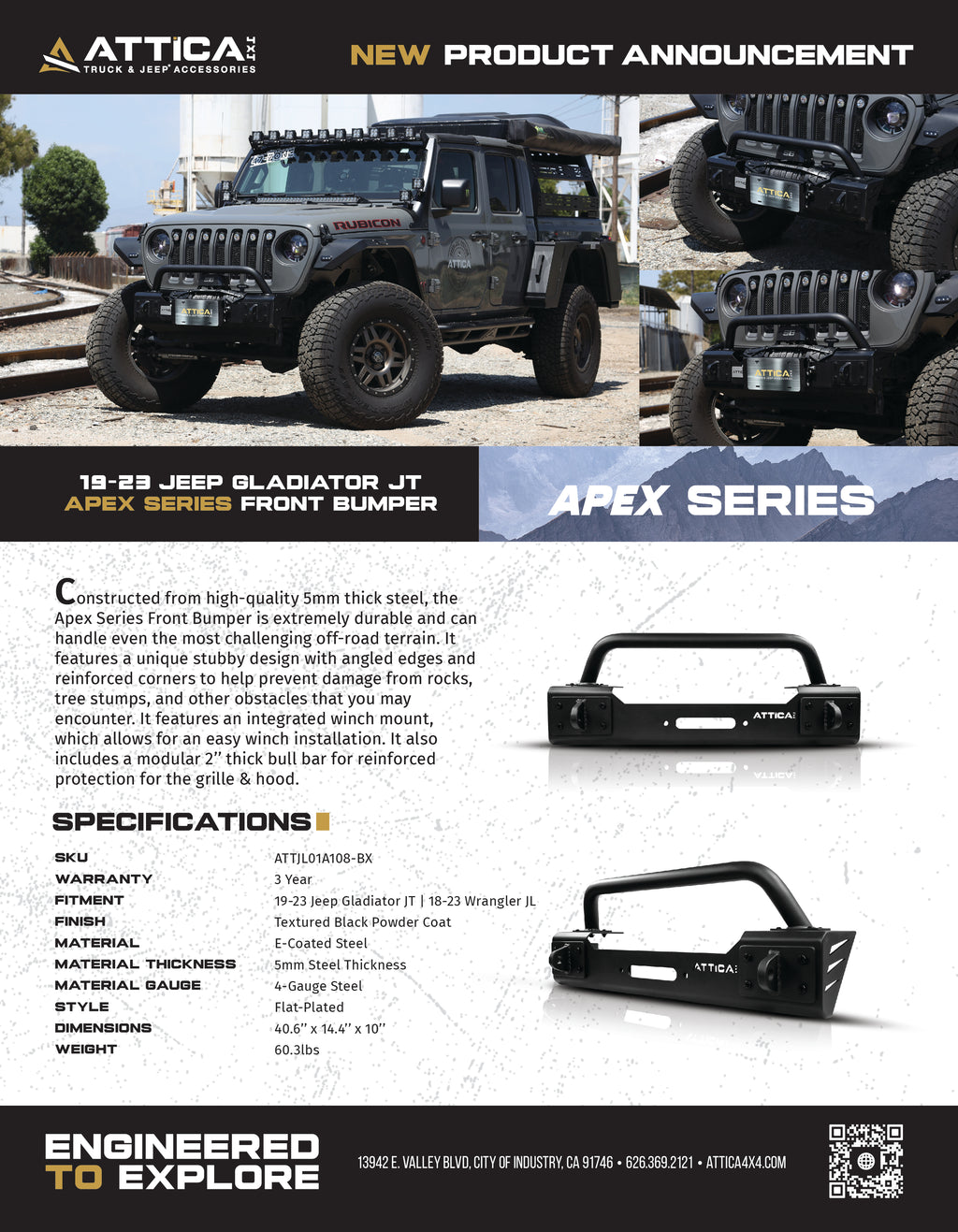 2018-2024 Jeep Wrangler JL / Gladiator 2019-2024 Apex Series Front Stubby Bumper by Attica 4x4