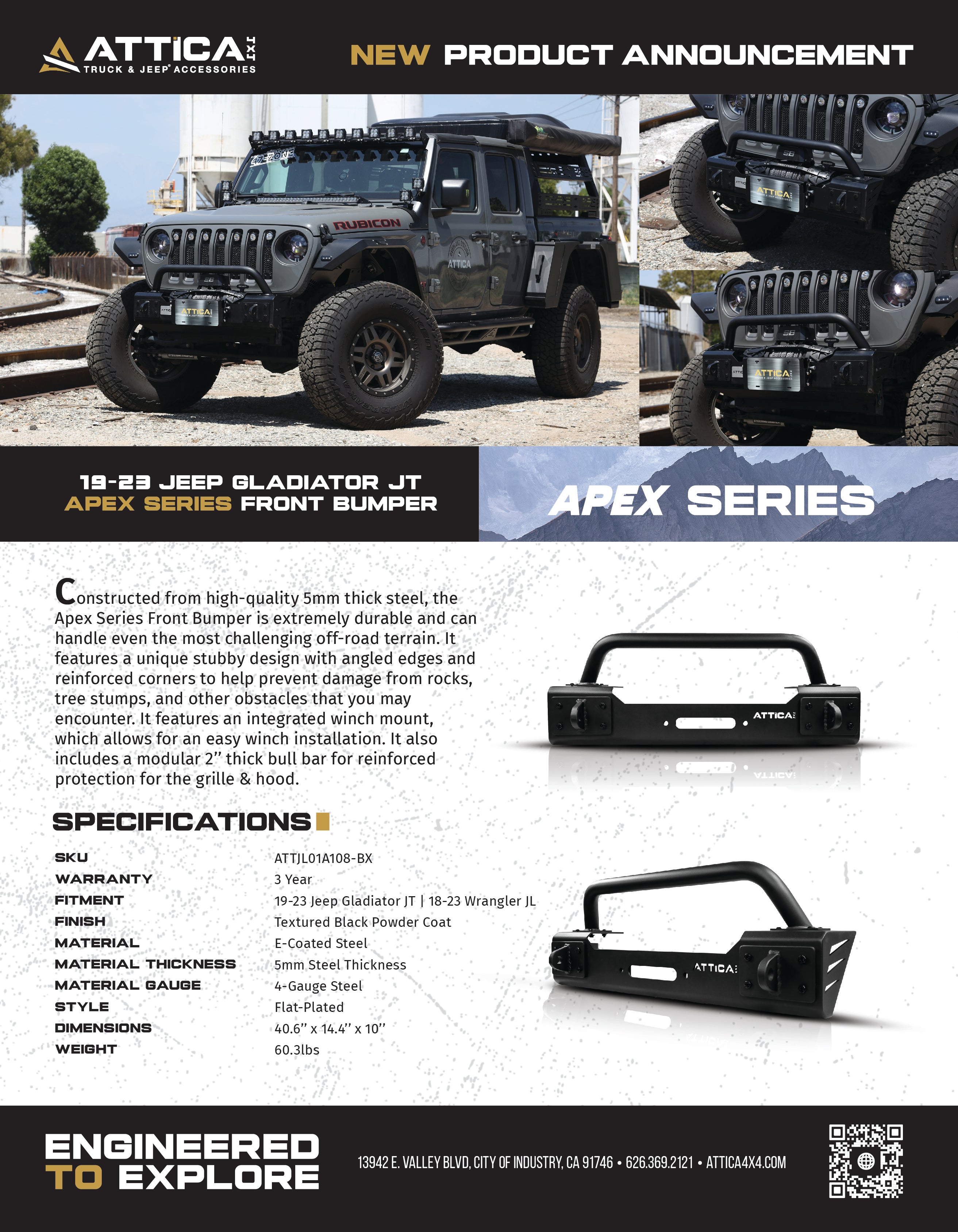 2018-2024 Jeep Wrangler JL / Gladiator 2019-2024 Apex Series Front Stubby Bumper by Attica 4x4