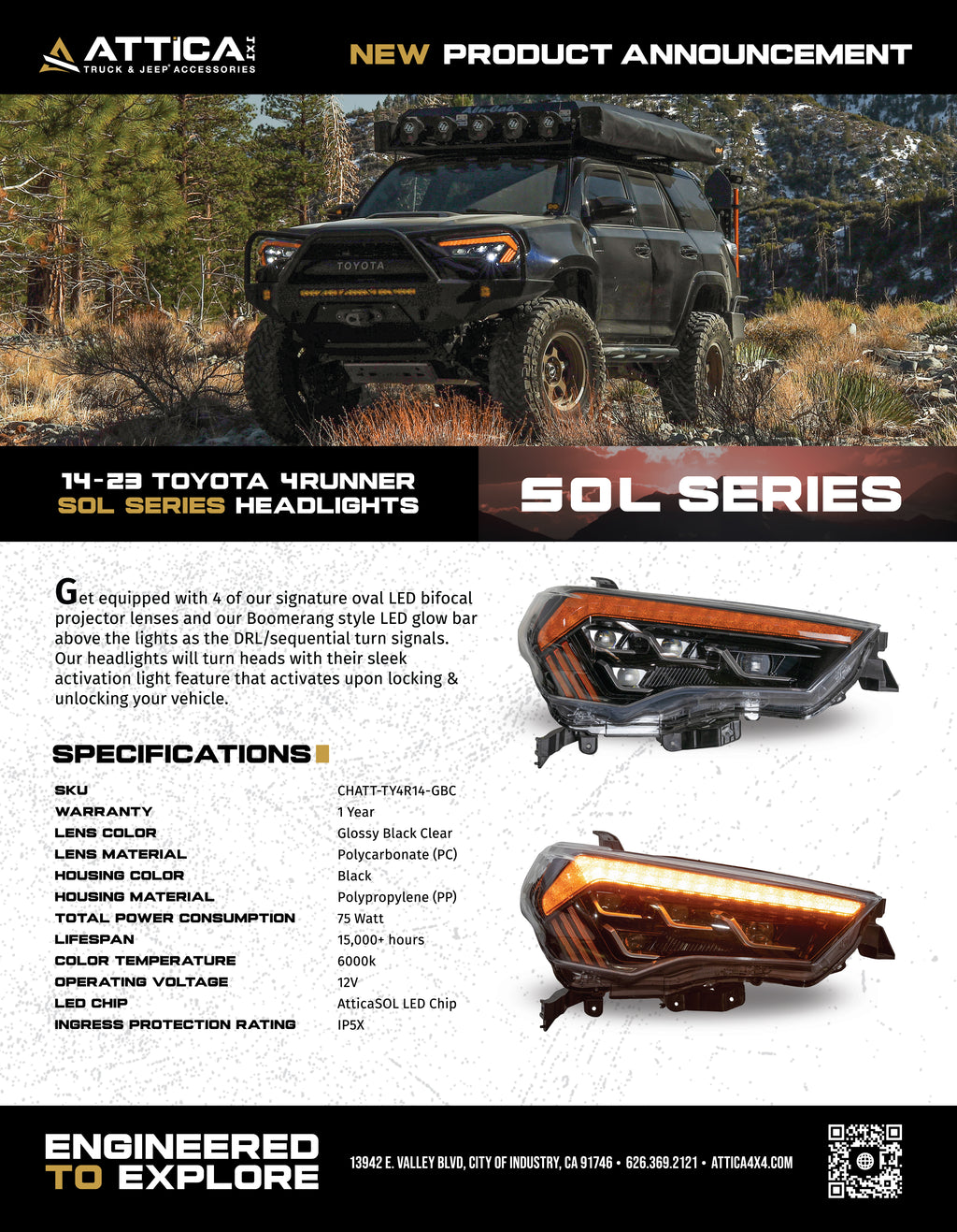 2014-2023 Toyota 4Runner Sol Series LED Projector Headlights by Attica 4x4
