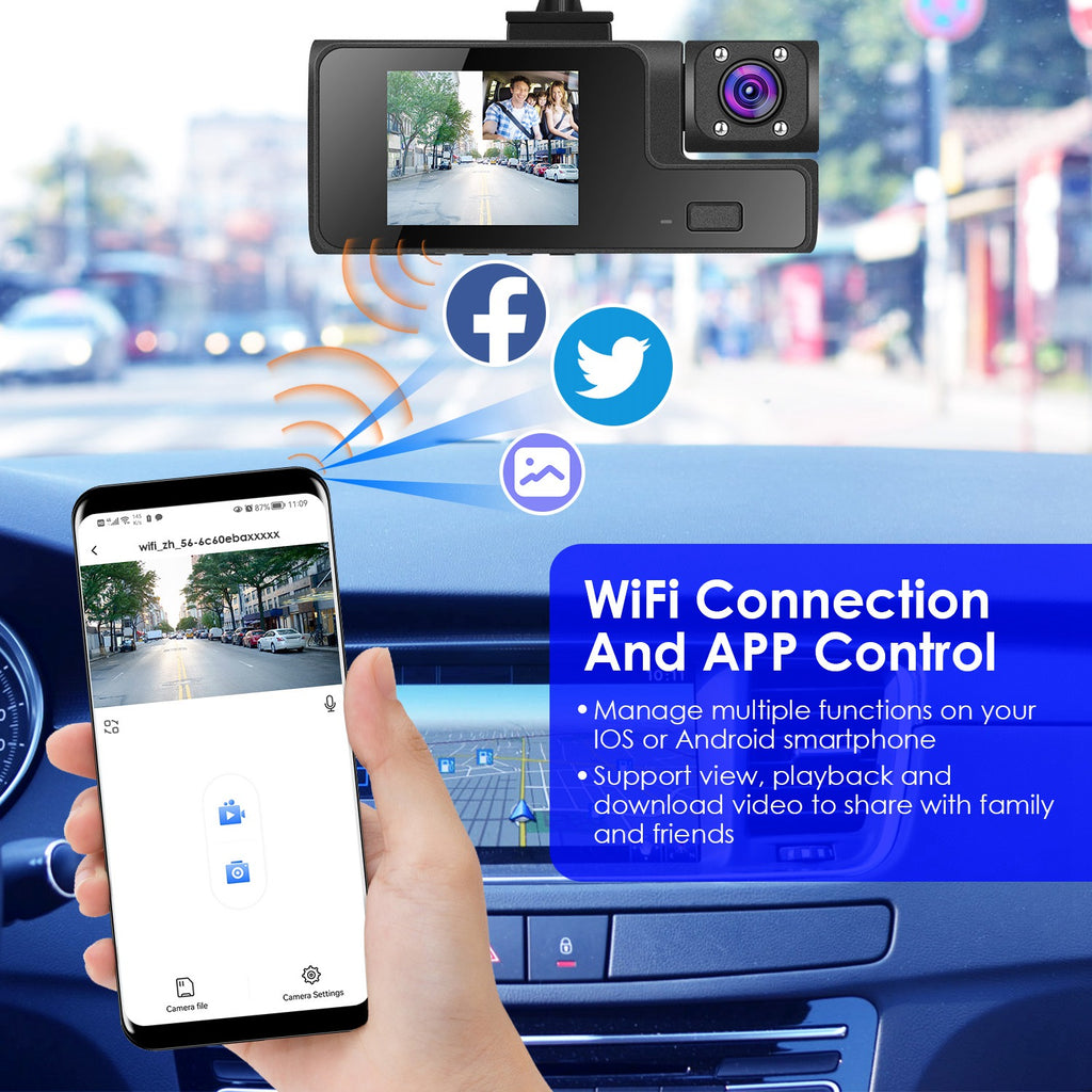 WiFi FHD 1080P Car Dash Cam 3 Channels Front Rear Inside Dash Camera With Loop Recording Reversing Visual 170 Degree Wide Angle 64G Card Included by Nino Auto Repair