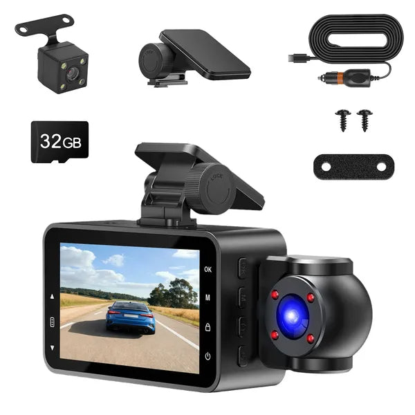WiFi FHD 1080P 3 Channel Car Dash Cam Front Rear Inside With 32G MMC Card Motion Detection Loop Recording Infrared Night Vision Surveillance Car Camera With App Control by Nino Auto Repair