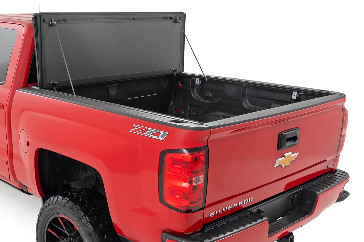 Hard Tri-Fold Flip Up Bed Cover | 6'7" Bed | Rail Cap | Chevy/GMC 1500/2500HD/3500HD (14-19) by Rough Country