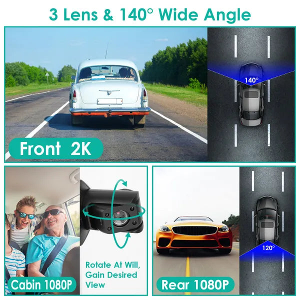 2K Car DVR 3 Channel Dash Cam Camcorder Camera Recorder With 140 Angle GPS WiFi Night Vision G-sensor Loop Recording Parking Monitor by Nino Auto Repair