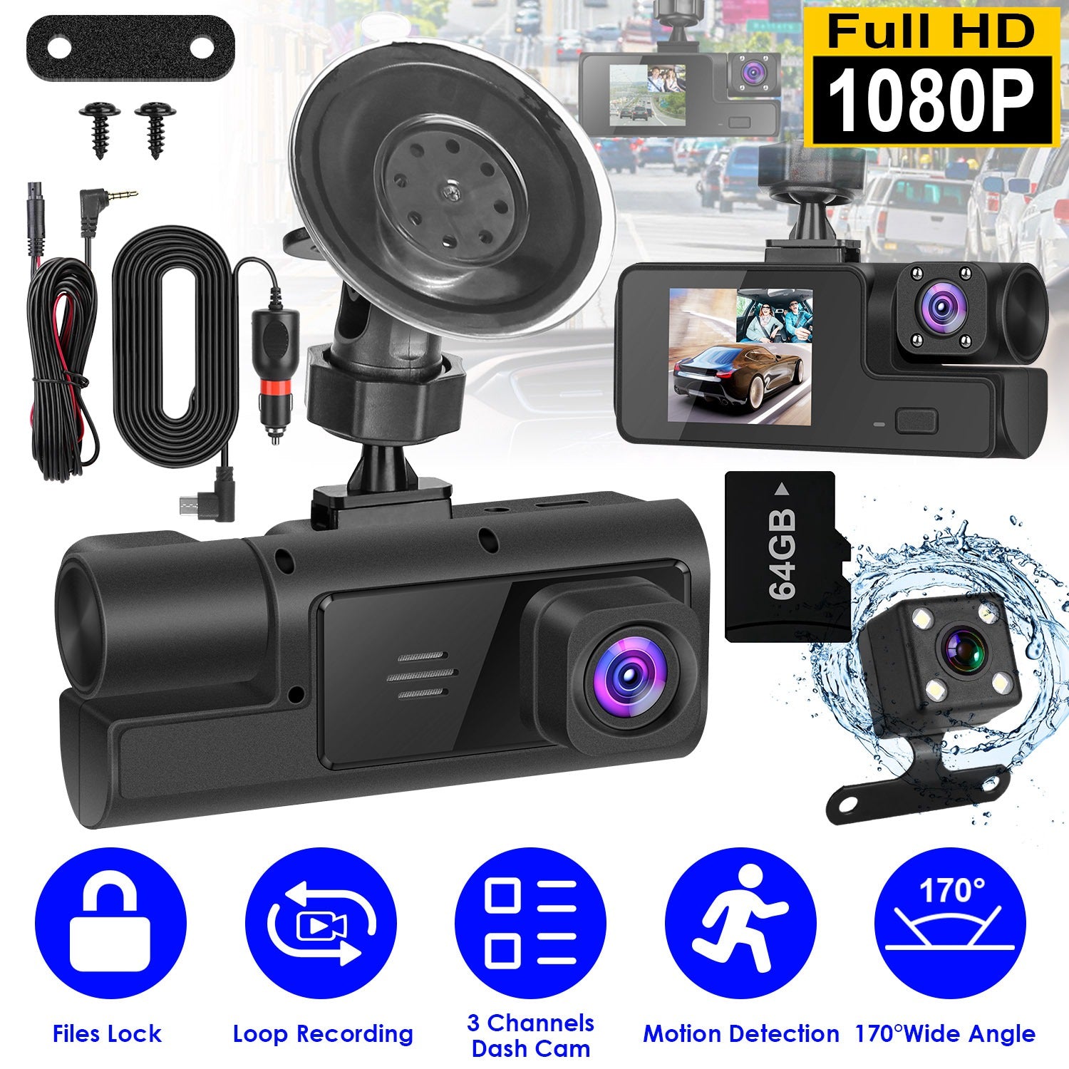 WiFi FHD 1080P Car Dash Cam 3 Channels Front Rear Inside Dash Camera With Loop Recording Reversing Visual 170 Degree Wide Angle 64G Card Included by Nino Auto Repair