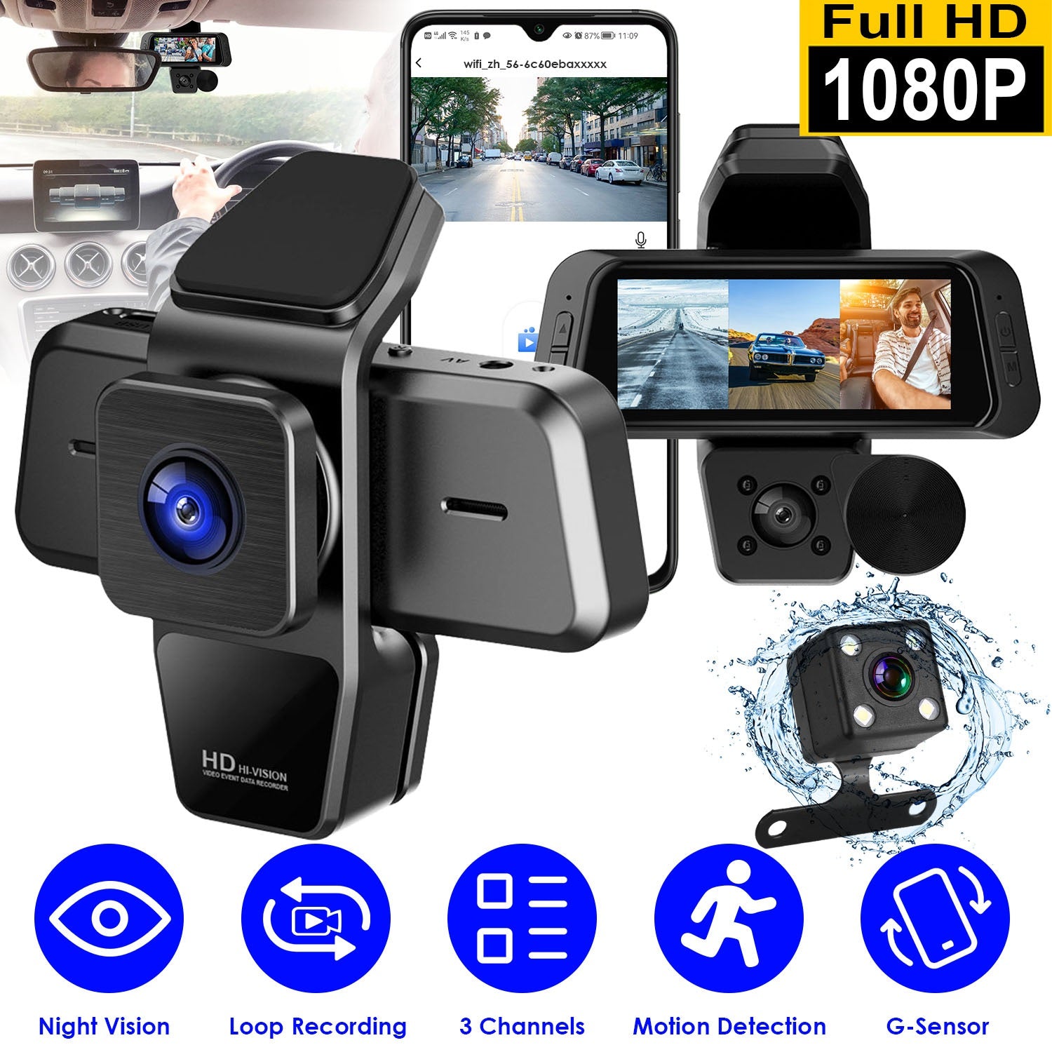 1080P FHD 3 Channel WiFi Dash Cam 170 Degree Wide Angle Triple Car Camera With IR Night G Sensor Motion Detection Loop Recording App Control Support 128G Max by Nino Auto Repair