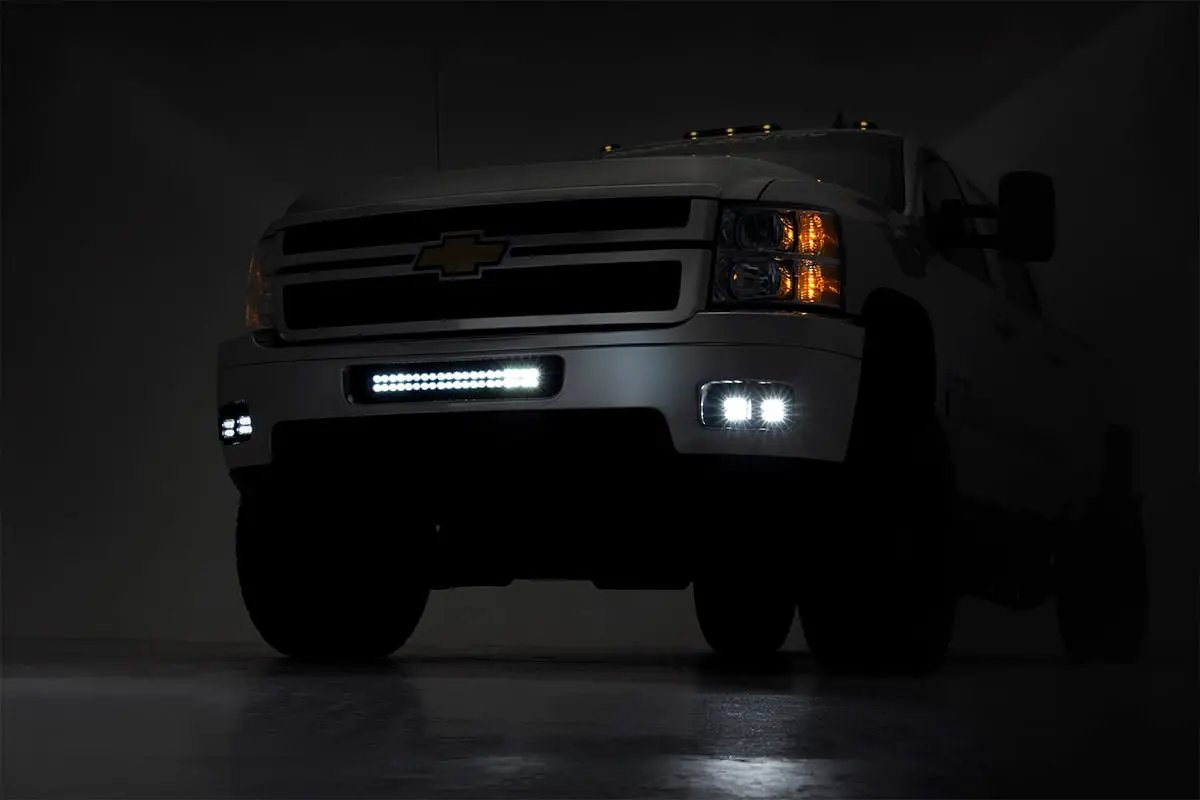 LED Light Kit | Fog Mount | 2" Black Pair | Amber DRL | Chevy Silverado 2500 HD/3500 HD (11-14) by Rough Country