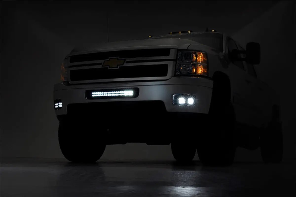 LED Light Kit | Fog Mount | 2" Black Pair | Amber DRL | Chevy Silverado 2500 HD/3500 HD (11-14) by Rough Country