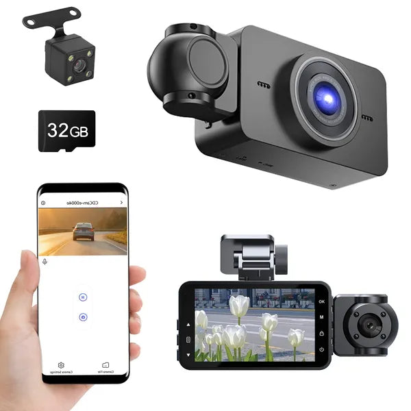 WiFi FHD 1080P 3 Channel Car Dash Cam Front Rear Inside With 32G MMC Card Motion Detection Loop Recording Infrared Night Vision Surveillance Car Camera With App Control by Nino Auto Repair