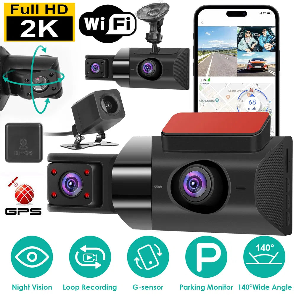 2K Car DVR 3 Channel Dash Cam Camcorder Camera Recorder With 140 Angle GPS WiFi Night Vision G-sensor Loop Recording Parking Monitor by Nino Auto Repair