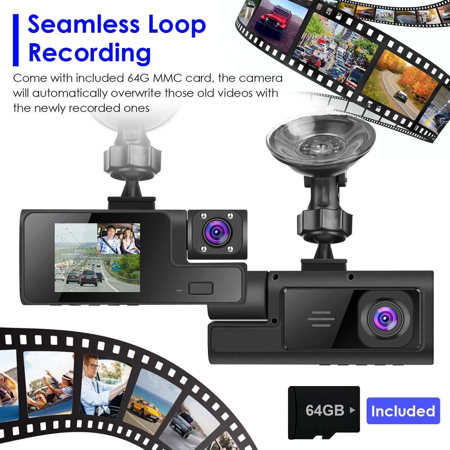 WiFi FHD 1080P Car Dash Cam 3 Channels Front Rear Inside Dash Camera With Loop Recording Reversing Visual 170 Degree Wide Angle 64G Card Included by Nino Auto Repair
