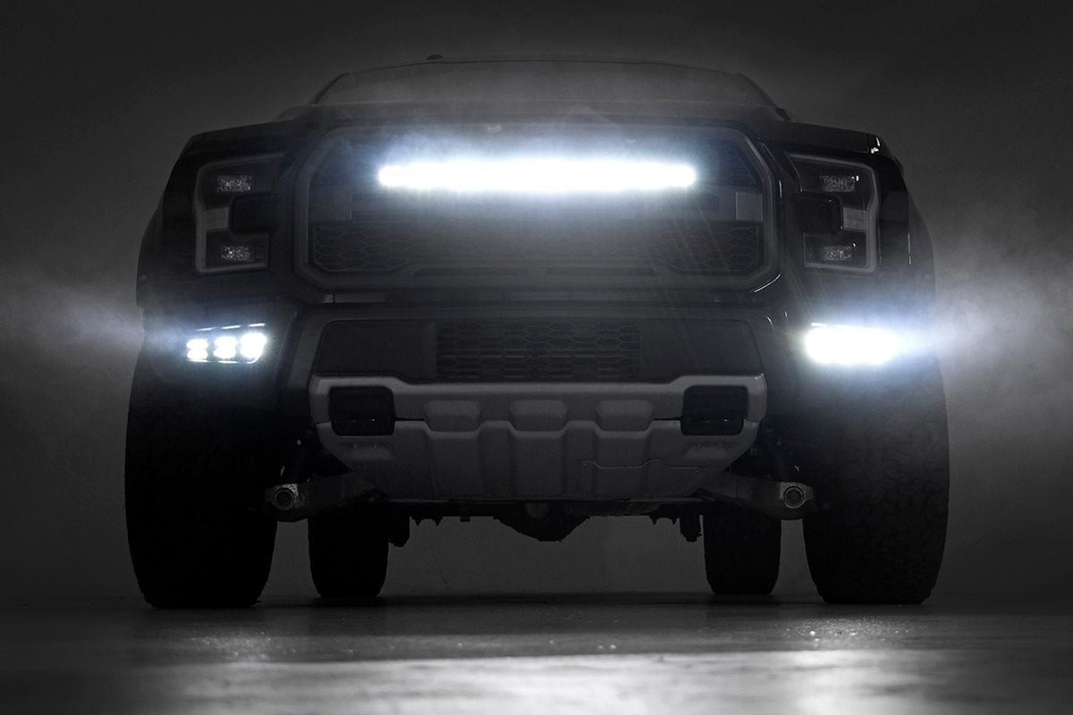 LED Light Kit | Grille Mount | 30" Black Single Row | White DRL | Ford Raptor (17-20) by Rough Country