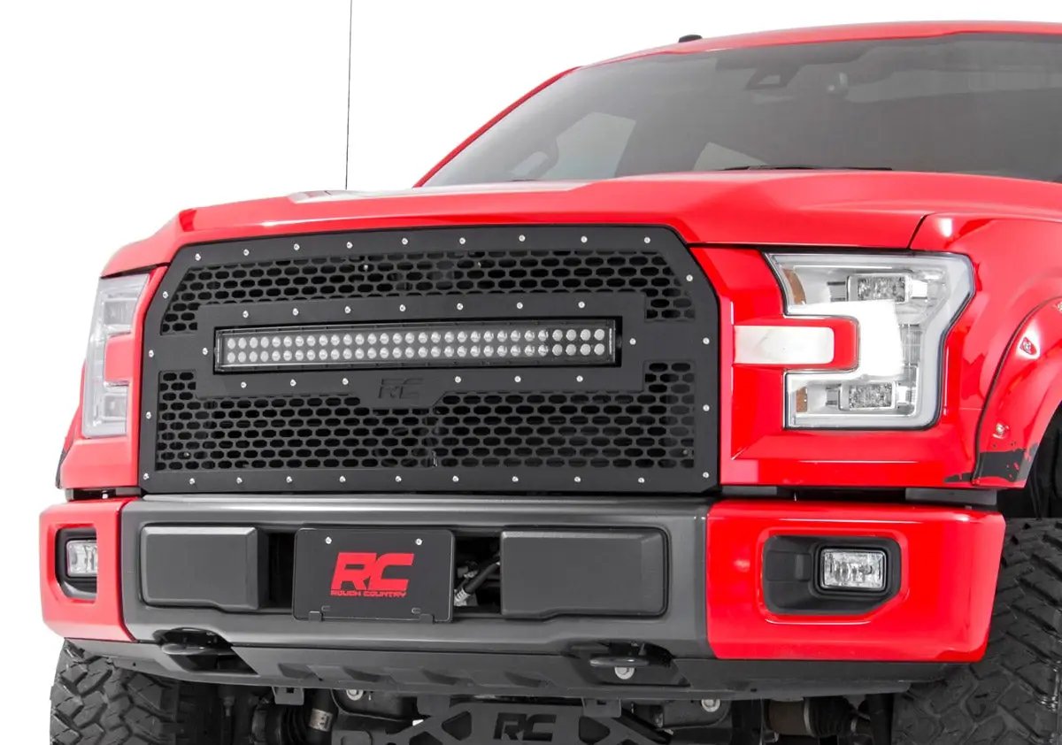 Mesh Grille | 30" Dual Row LED | Black | Amber DRL | Ford F-150 (15-17) by Rough Country