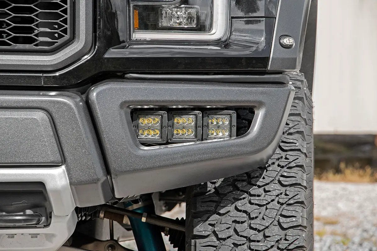LED Light Kit | Fog Mount | Triple 2" Black Pair | White DRL | Ford Raptor (17-20) by Rough Country