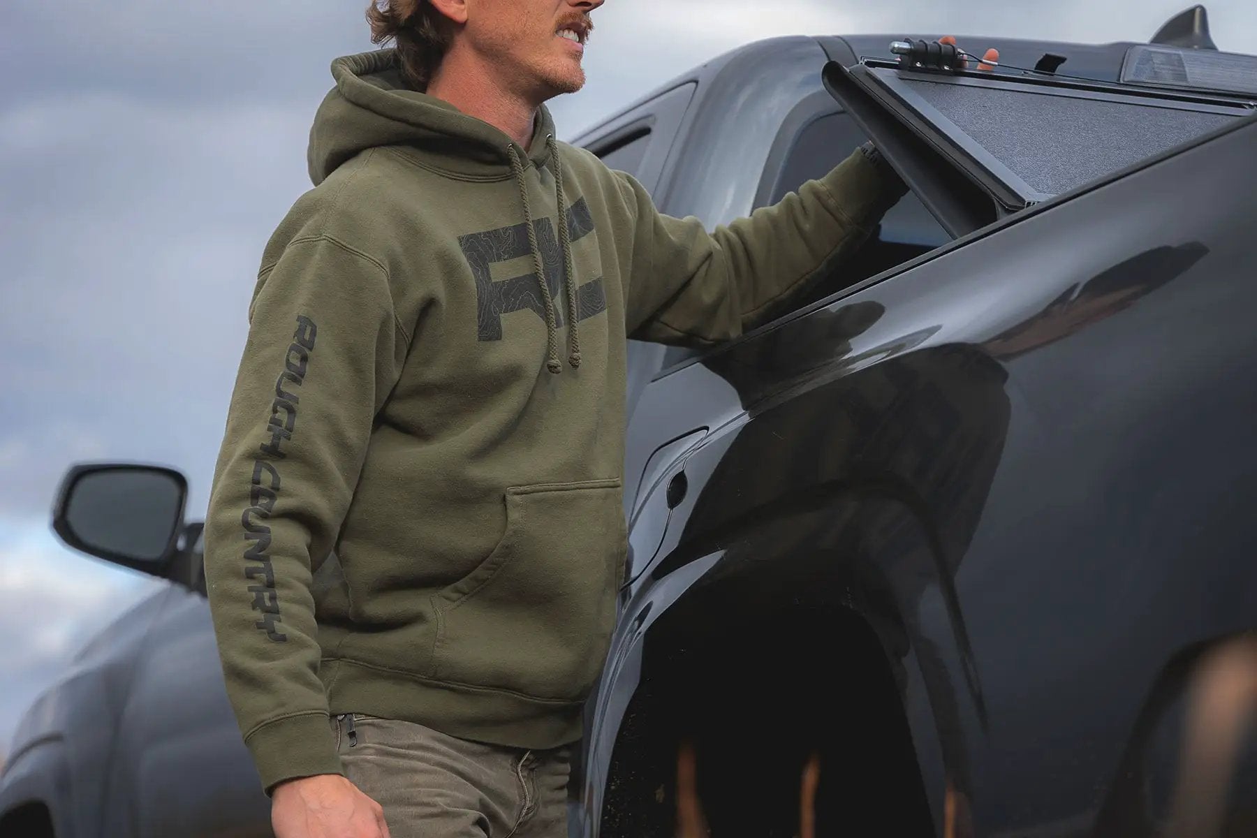 Rough Country Hoodie | RC Topographical Sleeve | Army Green | MD by Rough Country