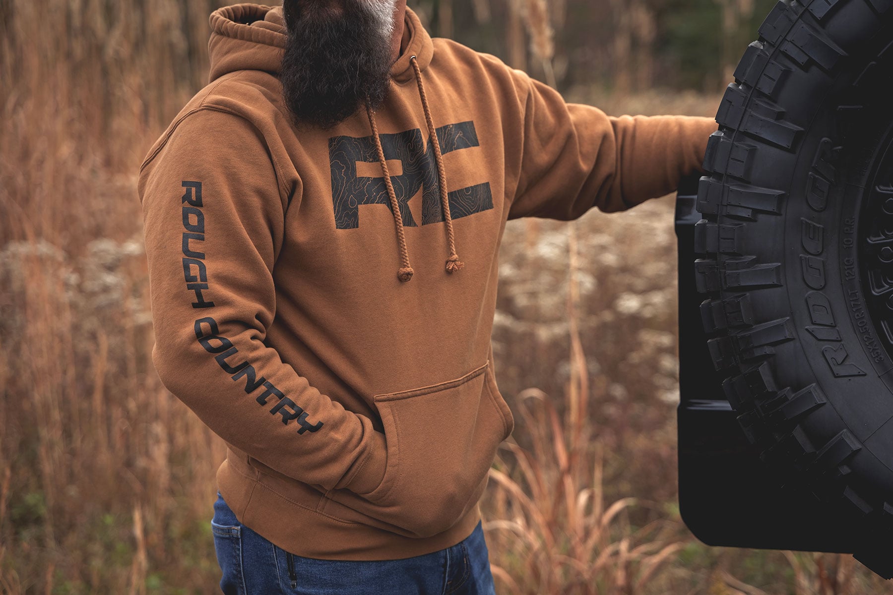 Rough Country Hoodie | RC Topographical Sleeve | Saddle | XL by Rough Country