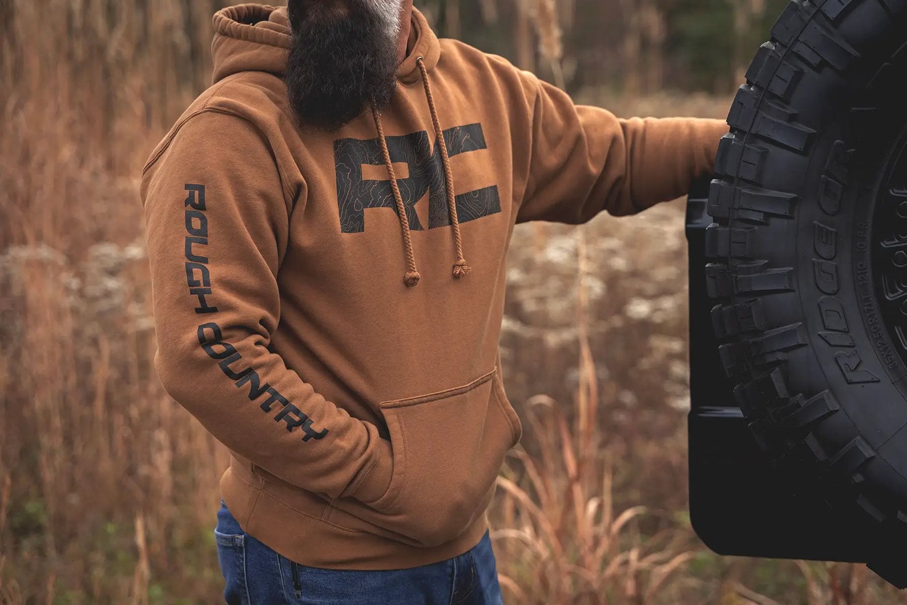 Rough Country Hoodie | RC Topographical Sleeve | Saddle | 3XL by Rough Country